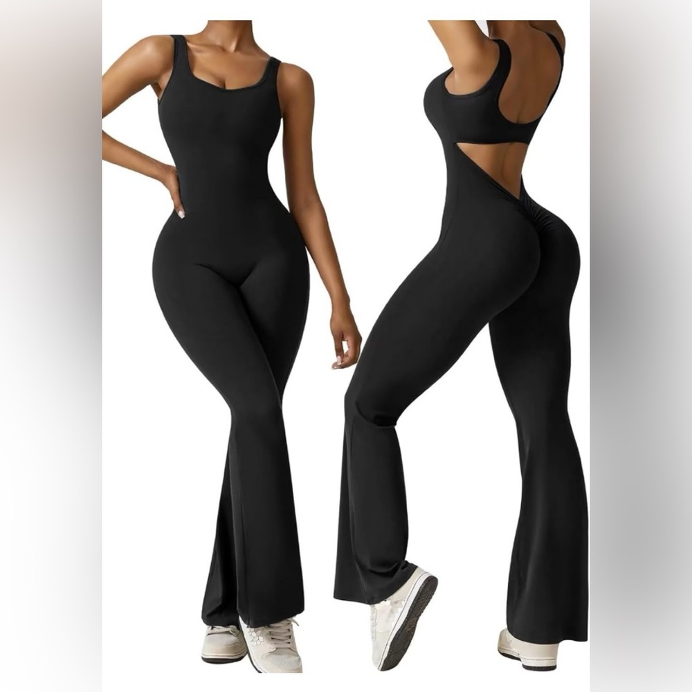 VertVie women’s sleeveless flared leg open back scrunch butt yoga bodysu…
